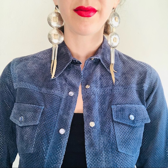 🔥SOLD🔥90s VTG 100% Suede Mesh Gray Western Cowgirl Long Sleeve Button Down - Picture 5 of 11